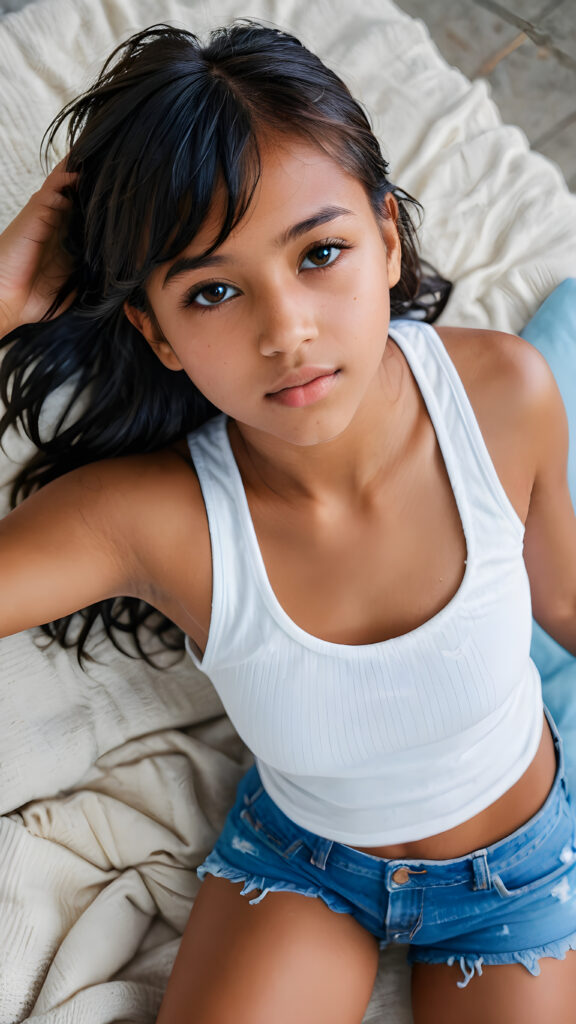 a (((detailed and perfect portrait))) of a (((beautiful young cute tanned Exotic teenage girl, 14 years old, perfect curved fit body))), with ((long, straight, thick, soft black hair, bangs cut, wearing a ((white blue super short tank top and tattered short pants)), ((view from top above))