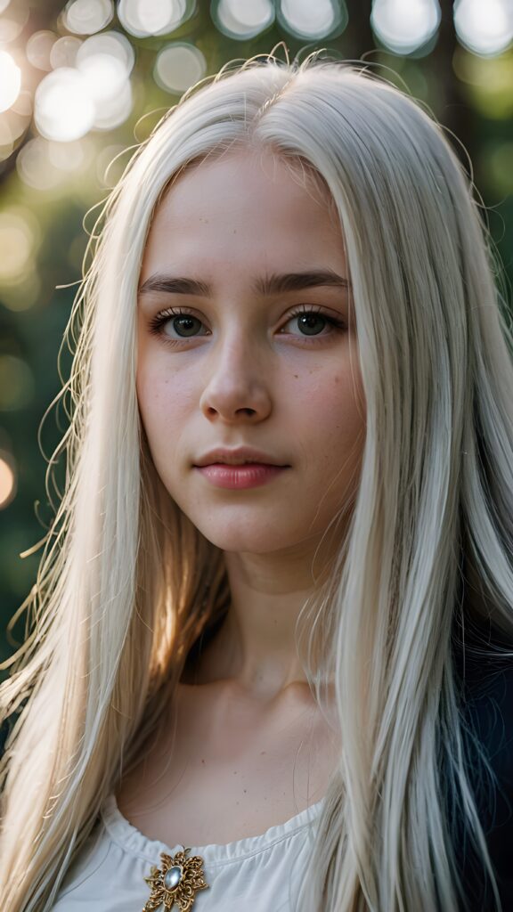 a (((detailed and realistic portrait))), featuring a (((beautiful teen girl with extremely long straight white hair))), with a gently diffused glow that casts, an ethereal halo around her form, illustrating a sense of (otherworldly mystery) and fantasy that defies the ordinary