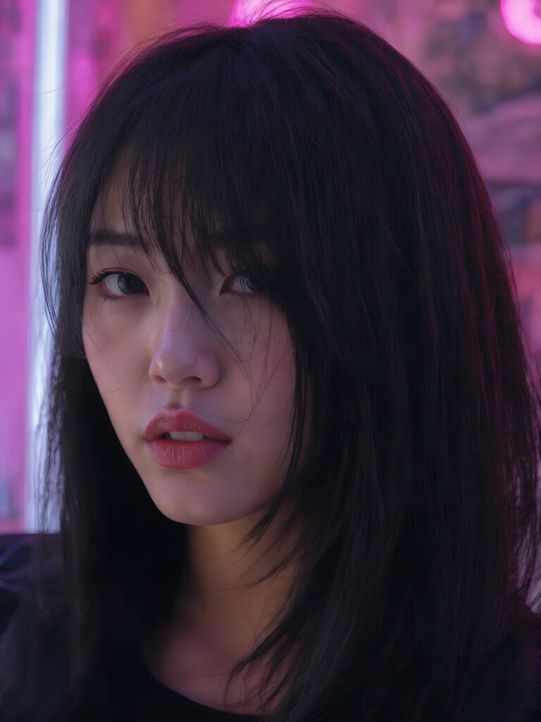 a (((detailed and cute Korean lady with straight, long black hair))) by a (fashionably asymmetrical bob hairstyle), red full kissable lips, looks seductive, white teeth