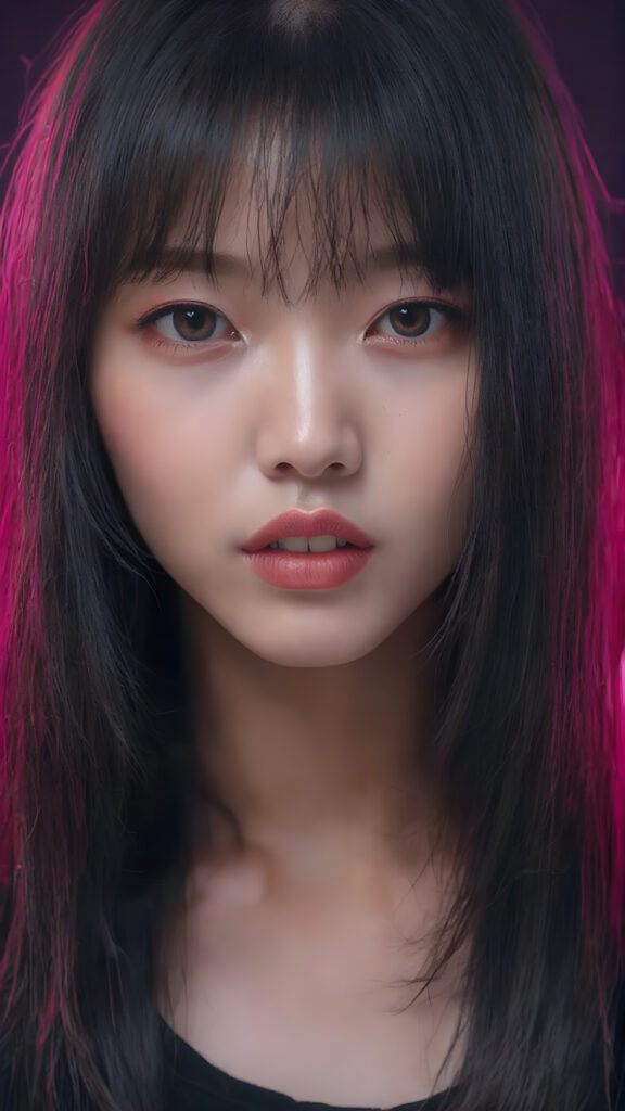 a (((detailed and cute Korean lady with straight, long black hair))) by a (fashionably asymmetrical bob hairstyle), red full kissable lips, looks seductive