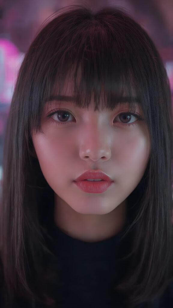 a (((detailed and cute Korean lady with straight, long black hair))) by a (fashionably asymmetrical bob hairstyle), red full kissable lips, looks seductive