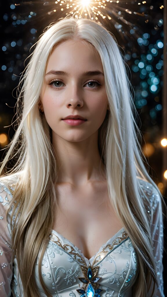 a (((detailed and realistic portrait))), featuring a (((beautiful teen girl with extremely long straight white hair))), emanating a (((glowing, ethereal light))), indicative of (magical abilities). Her features are (((sharp and clear))), with (realistic proportions) and (hyper-detailed, intricate patterns). The scene is (well lit) and (natural), with (bioluminescent details) that give off a sense of (otherworldly mystery) and fantasy that defies the ordinary