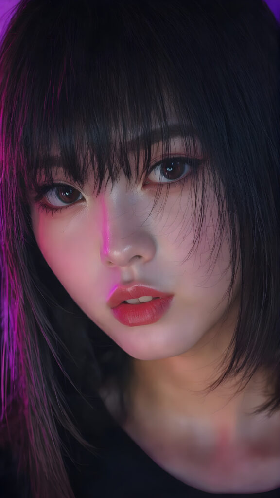 a (((detailed and cute Korean lady with straight, long black hair))) by a (fashionably asymmetrical bob hairstyle), red full kissable lips, looks seductive