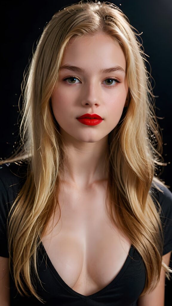 a (((detailed and realistic portrait))), featuring a (((beautiful innocent teen girl with extremely long straight blond hair)), shiny eyes, very lucky, ((full red lips)), ((wears a dark deep v-neck t-shirt)), with a gently diffused glow that casts, an ethereal halo around her form, illustrating a sense of (otherworldly mystery) and fantasy that defies the ordinary, ((dark background))