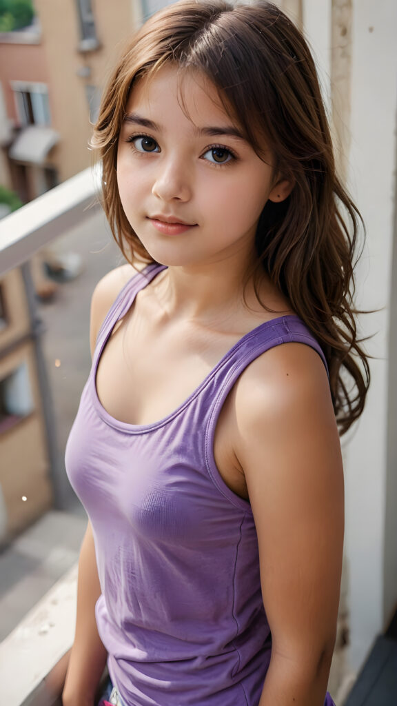 a (((detailed and perfect portrait))) of a (((beautiful young cute girl, perfect curved fit body))), 13 years old, with long, straight, thick, untucked, natural light brown hair, bangs cut, wearing a ((purple super short tank top)), ((view from above))