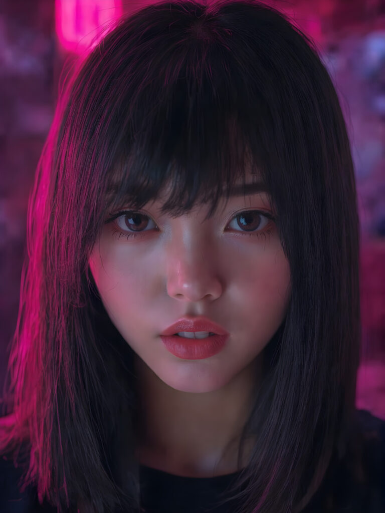 a (((detailed and cute Korean lady with straight, long black hair))) by a (fashionably asymmetrical bob hairstyle), red full kissable lips, looks seductive, white teeth