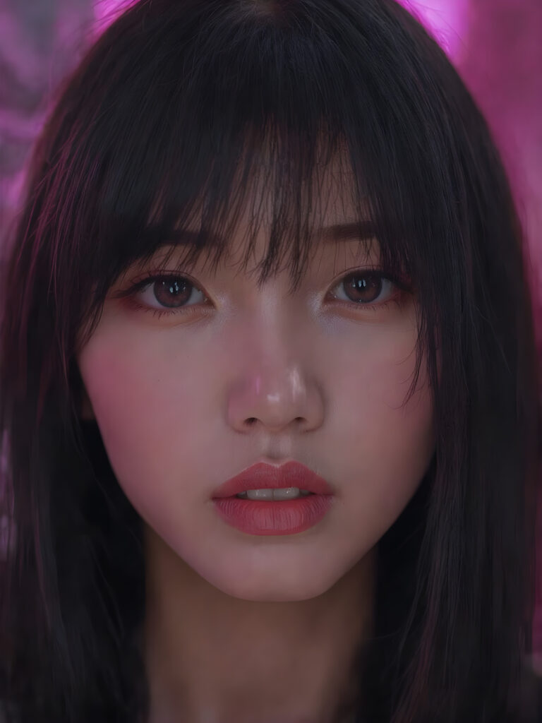 a (((detailed and cute Korean lady with straight, long black hair))) by a (fashionably asymmetrical bob hairstyle), red full kissable lips, looks seductive, white teeth