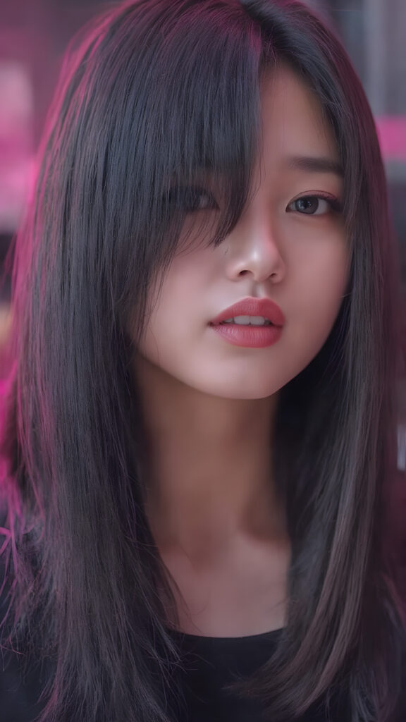 a (((detailed and cute Korean lady with straight, long black hair))) by a (fashionably asymmetrical bob hairstyle), red full kissable lips, looks seductive