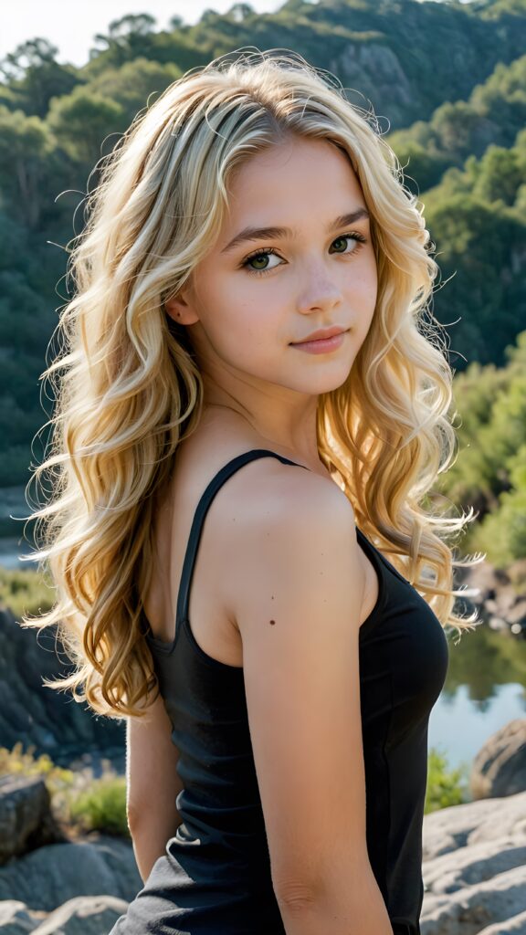 a (((detailed and realistic portrait))), featuring a gently drawn (((natural beautiful teen girl))) with long, (((semi-curly, soft blonde hair))), wearing a sleek, ((black tight tank top)), set against a backdrop of a serene, naturally occurring landscape with its perfect contours mirroring the girl's form