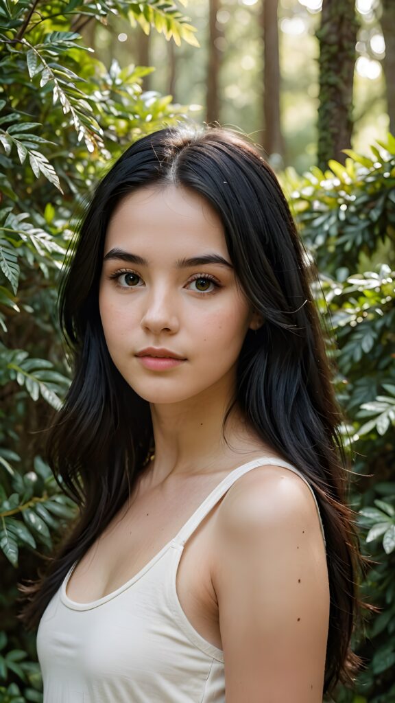 a (((detailed and realistic portrait))), capturing the essence of a (((beautiful young teen girl))) with long, flowing, (((straight black hair))), poised in a (side profile) gaze towards the viewer, framed by an ethereal backdrop of a verdant (cypress hedge), against a softly diffused (dim light), wearing a (tank top) in a (warm, inviting tone). Her facial features exude an otherworldly radiance, with (porcelain skin) and a (perfectly circular face) featuring (gently arched eyebrows) and a (dark, piercing point) above her (serene expression), all set against a (backdrop of a leafy, lush environment) that gives off a (magical, almost surreal vibe)