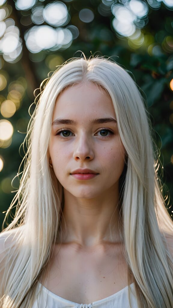 a (((detailed and realistic portrait))), featuring a (((beautiful teen girl with extremely long straight white hair))), with a gently diffused glow that casts, an ethereal halo around her form, illustrating a sense of (otherworldly mystery) and fantasy that defies the ordinary