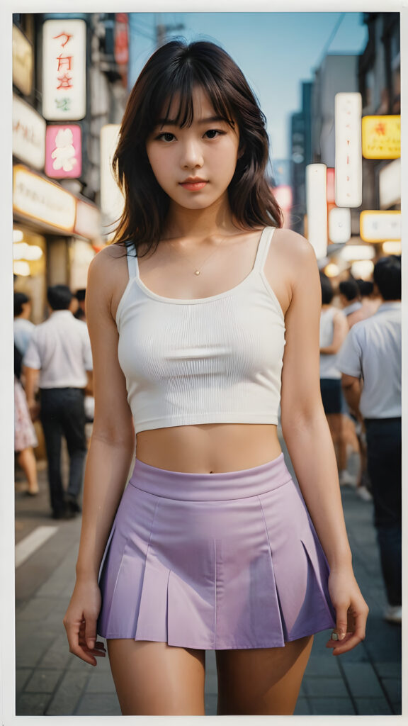 ((a detailed and realistic polaroid photo from the 1980s)), a trendy young Japanese teen girl in Tokyo, perfect hands, with soft long straight black hair, wears a white super fine cropped tank top and a ((round short violet mini skirt)), ((she shows her belly button)), she has a perfect curved body, immersed in the warm ambiance sharp details bring her stylish features to life, perfectly embodying the essence of urban sophistication, the composition contemplates the interplay of modern culture and personal expression, inviting viewers to revel in the captivating atmosphere of contemporary city, she stand in front of the viewer