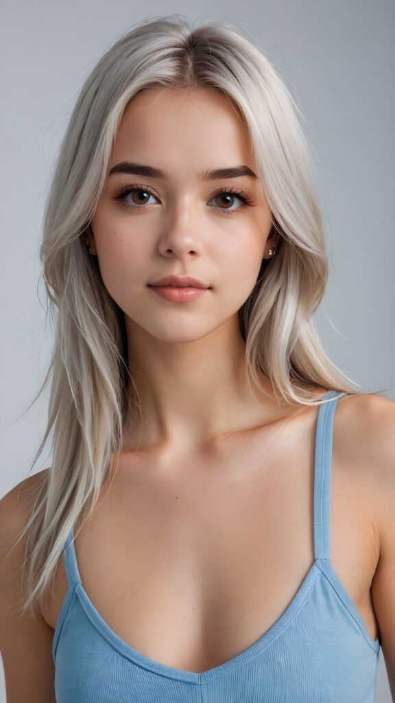 a ((detailed and realistic portrait)) of (((cute and gorgeous))) ((long, straight platinum white jet hair)) ((stunning)) a beautifully ((teen girl)), bangs cut frame her face, angelic round face, ((brown eye)) looks at the camera, perfect curved body, (wears a super short tight (light blue tank top, deep v-neck, open front made of super fine wool), white background, side view, ((no background)), cinematic dimmed light