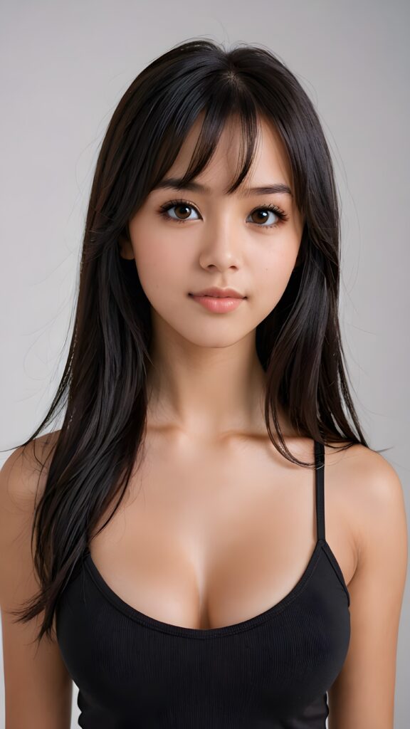 a ((detailed and realistic portrait)) of (((cute and gorgeous))) ((long, straight black jet hair)) ((stunning)) a beautifully ((busty teen girl)), 15 years old, bangs cut, angelic round face, ((brown eye)) looks at the camera, perfect curved body, (wears a super short tight (black tank top, deep v-neck) made of plain latex), white background, side view, ((no background)), cinematic dimmed light, Latino