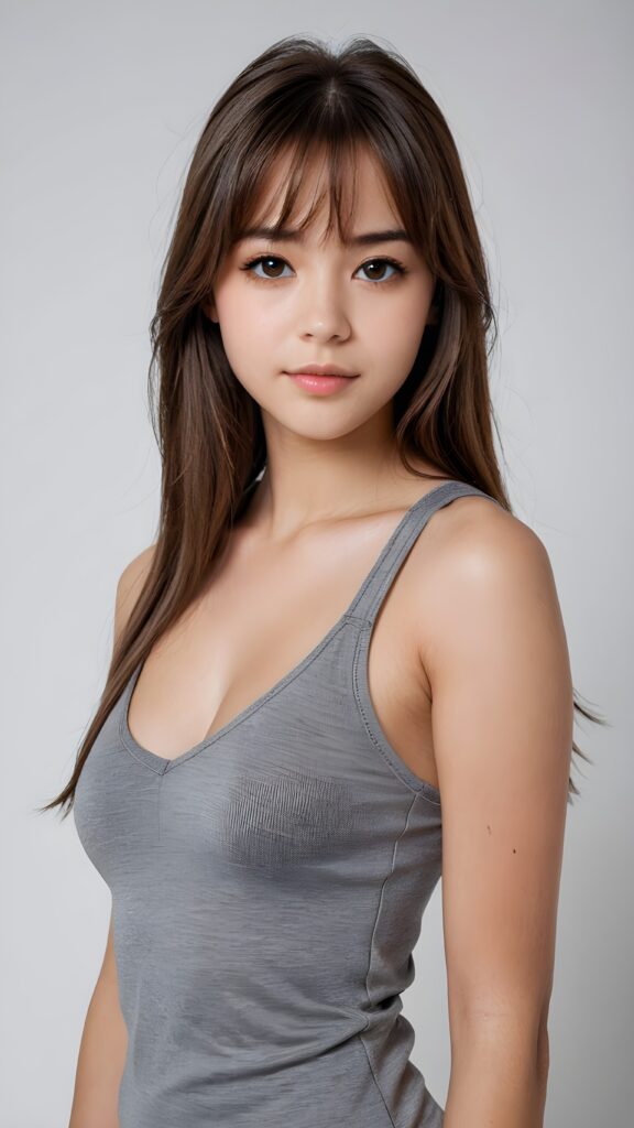 a ((detailed and realistic portrait)) of (((cute and gorgeous))) ((long, straight brown jet hair)) ((stunning)) a beautifully ((teen girl)), bangs cut frame her face, angelic round face, full kissable lips, ((brown eye)) looks at the camera, perfect curved body, (wears a super short tight (grey tank top, deep v-neck, open front) made of plain latex), white background, side view, ((no background)), cinematic dimmed light