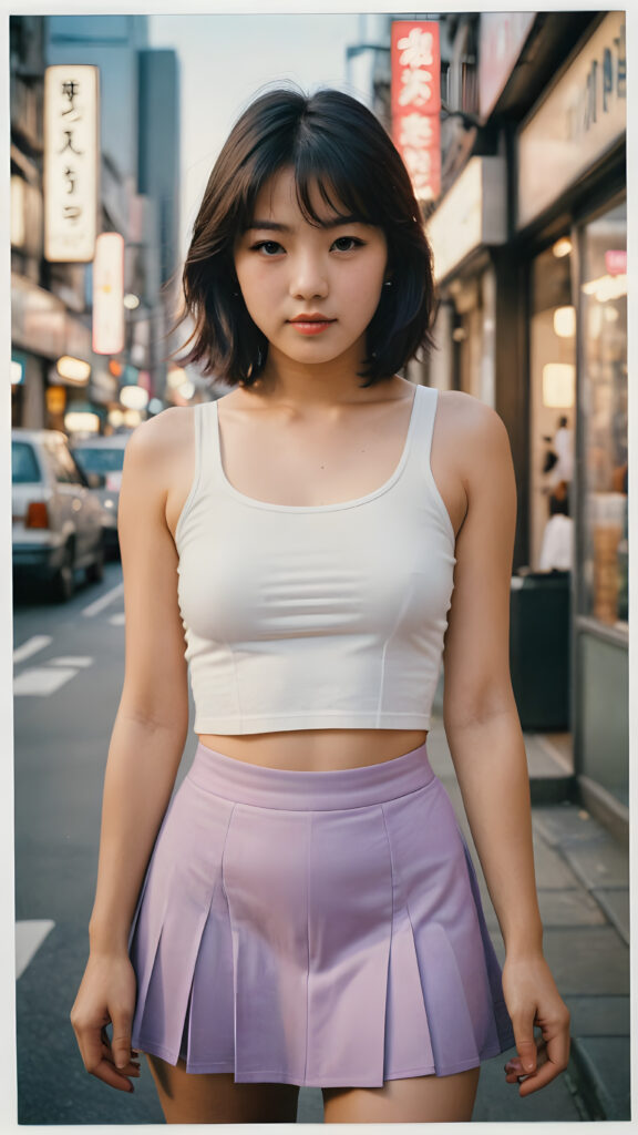 ((a detailed and realistic polaroid photo from the 1980s)), a trendy young Japanese teen girl in Tokyo, perfect hands, with soft long straight black hair, wears a white super fine cropped tank top and a ((round short violet mini skirt)), ((she shows her belly button)), she has a perfect curved body, immersed in the warm ambiance sharp details bring her stylish features to life, perfectly embodying the essence of urban sophistication, the composition contemplates the interplay of modern culture and personal expression, inviting viewers to revel in the captivating atmosphere of contemporary city, she stand in front of the viewer