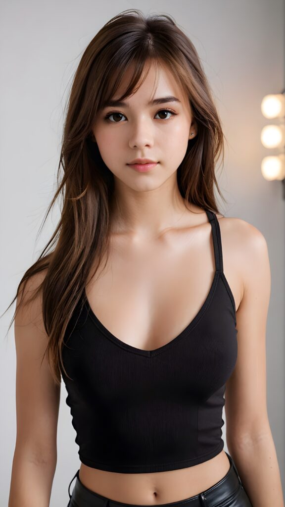 a ((detailed and realistic portrait)) of (((cute and gorgeous))) ((long, straight brown jet hair)) ((stunning)) a beautifully ((teen girl)), 15 years old, bangs cut, angelic round face, ((brown eye)) looks at the camera, perfect curved body, (wears a super short tight (black tank top, deep v-neck) made of plain latex), white background, side view, ((no background)), cinematic dimmed light, ((view from above))