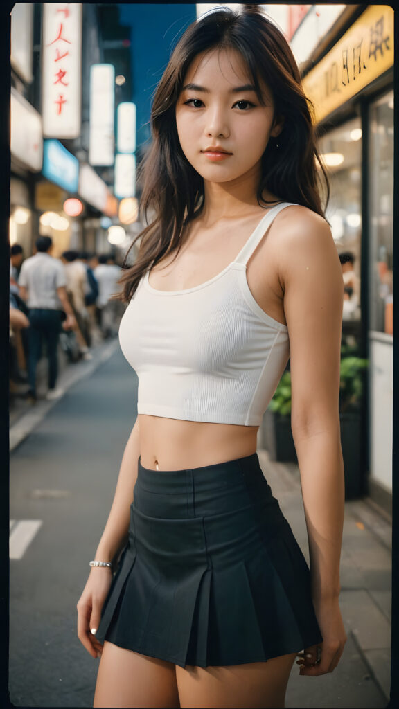 ((a detailed and realistic polaroid photo from the 1980s)), a trendy young Japanese teen girl in Tokyo, perfect hands, with soft long straight black hair, wears a white super fine cropped tank top and a ((round short black mini skirt)), (accentuating her (((navel)))), she has a perfect curved body, immersed in the warm ambiance sharp details bring her stylish features to life, perfectly embodying the essence of urban sophistication, the composition contemplates the interplay of modern culture and personal expression, inviting viewers to revel in the captivating atmosphere of contemporary city, she stand in front of the viewer