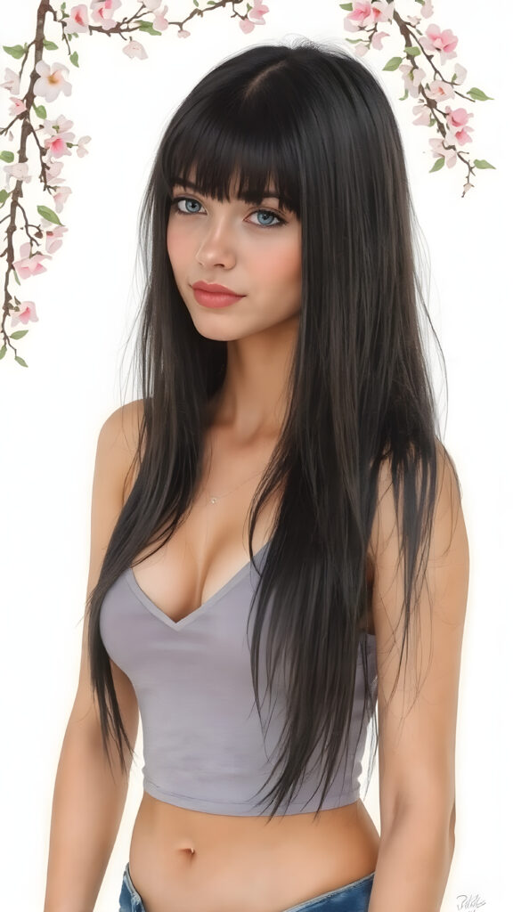 a (((young busty adult girl))), with long, straight, thick, jet, shiny black hair, bangs cut frame her face, wearing a (((high cut, tight, spaghetti tank top))), posing perfect, ((accentuating her ((navel)) and (soft, youthful thighs))), (((full body side view))) ((natural spring backdrop))