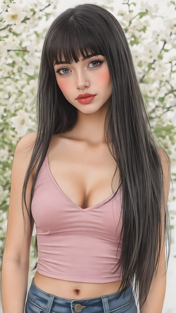 a (((young busty adult girl))), with long, straight, thick, jet, shiny black hair, bangs cut frame her face, wearing a (((high cut, tight, spaghetti tank top))), posing perfect, ((accentuating her ((navel)) and (soft, youthful thighs))), (((full body side view))) ((natural spring backdrop))