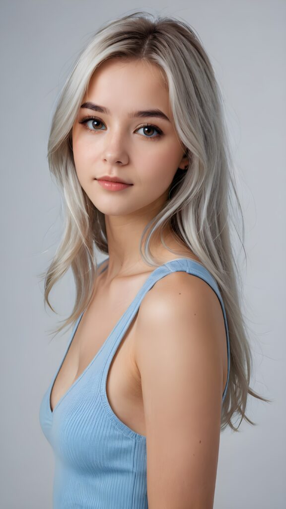 a ((detailed and realistic portrait)) of (((cute and gorgeous))) ((long, straight platinum white jet hair)) ((stunning)) a beautifully ((teen girl)), bangs cut frame her face, angelic round face, ((brown eye)) looks at the camera, perfect curved body, (wears a super short tight (light blue tank top, deep v-neck, open front made of super fine wool), white background, side view, ((no background)), cinematic dimmed light