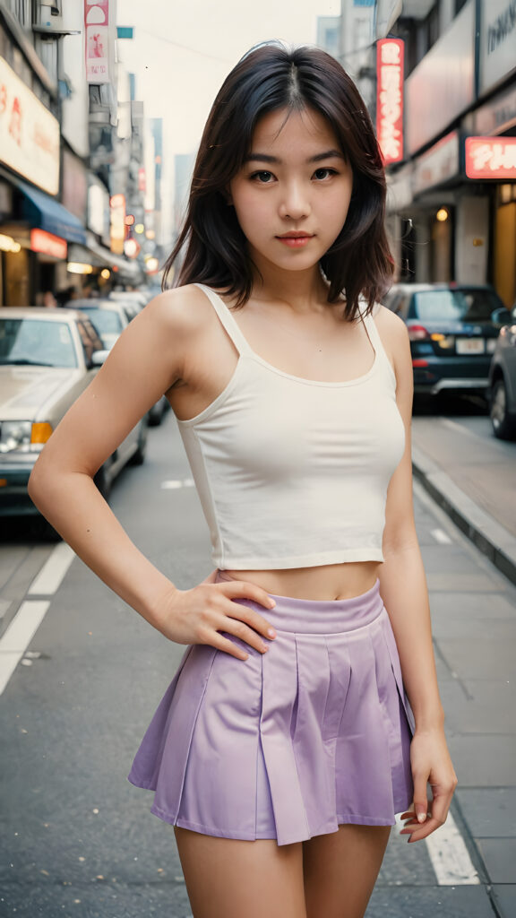 ((a detailed and realistic polaroid photo from the 1980s)), a trendy young Japanese teen girl in Tokyo, perfect hands, with soft long straight black hair, wears a white super fine cropped tank top and a ((round short violet mini skirt)), ((she shows her belly button)), she has a perfect curved body, immersed in the warm ambiance sharp details bring her stylish features to life, perfectly embodying the essence of urban sophistication, the composition contemplates the interplay of modern culture and personal expression, inviting viewers to revel in the captivating atmosphere of contemporary city, she stand in front of the viewer