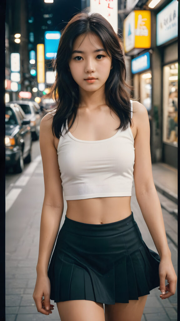 ((a detailed and realistic polaroid photo from the 1980s)), a trendy young Japanese teen girl in Tokyo, perfect hands, with soft long straight black hair, wears a white super fine cropped tank top and a ((round short black mini skirt)), (accentuating her (((navel)))), she has a perfect curved body, immersed in the warm ambiance sharp details bring her stylish features to life, perfectly embodying the essence of urban sophistication, the composition contemplates the interplay of modern culture and personal expression, inviting viewers to revel in the captivating atmosphere of contemporary city, she stand in front of the viewer