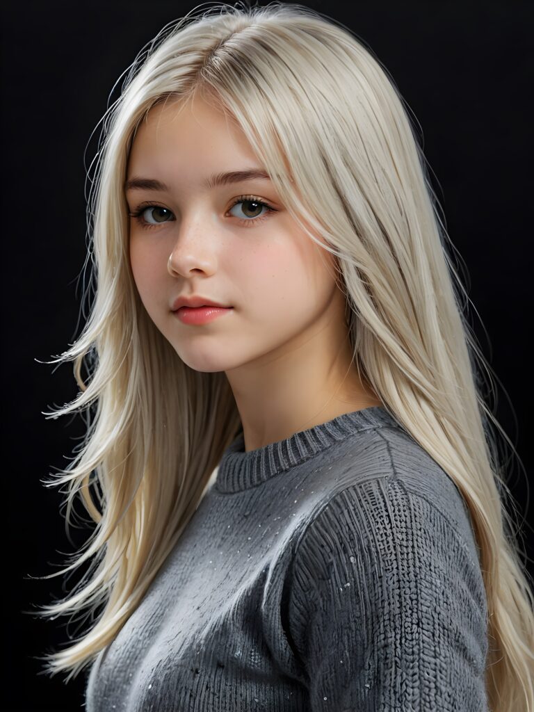 a detailed an realistic photo from a young teen girl, 13 years old, (((jet platinum-white thick straight long hair)) and bangs), ((wears a fine grey wool sweater)), ((stunning)), ((gorgeous)), ((black background)) ((side view))