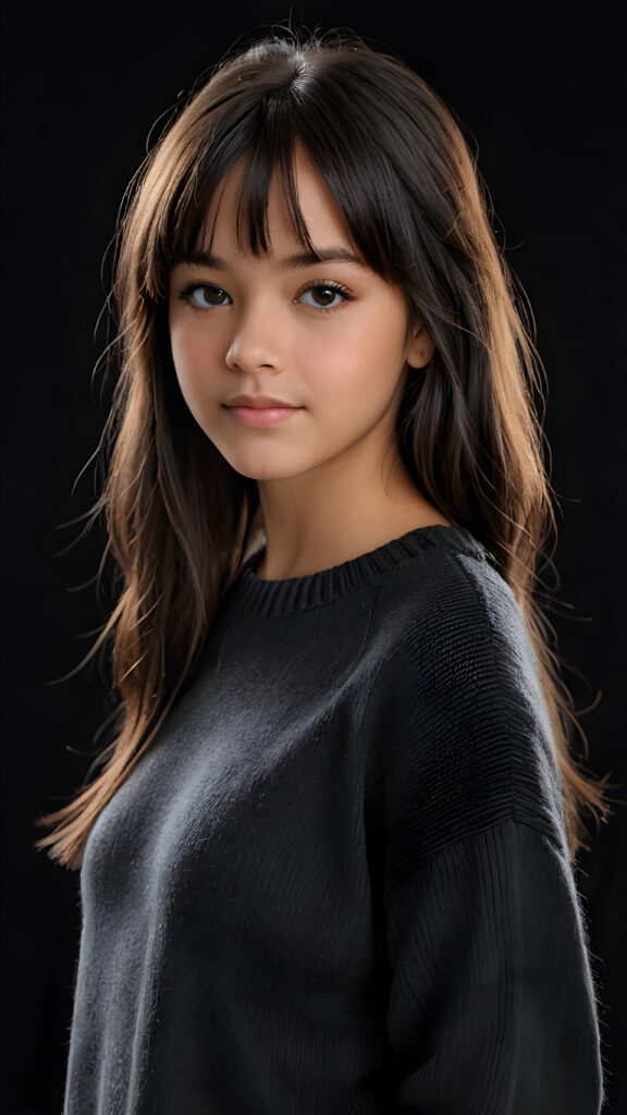 a detailed an realistic photo from a young tanned teen girl, 13 years old, jet raven black thick straight hair and bangs, grey wool sweater, ((stunning)), ((gorgeous)), ((black background))