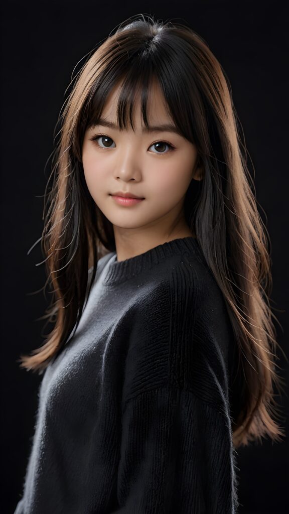 a detailed an realistic photo from a young Korean teen girl, 13 years old, jet raven black thick straight hair and bangs, grey wool sweater, ((stunning)), ((gorgeous)), ((black background))