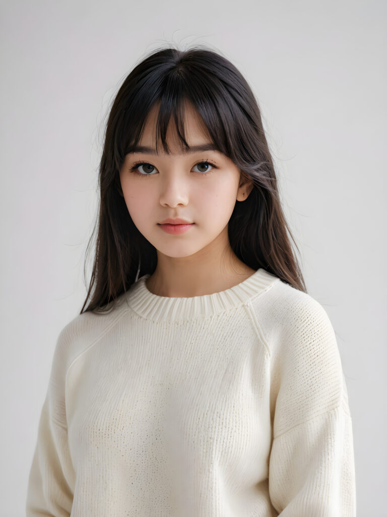 a detailed an realistic photo from a young teen girl, jet black thick straight hair and bangs, white wool sweater, ((white background))