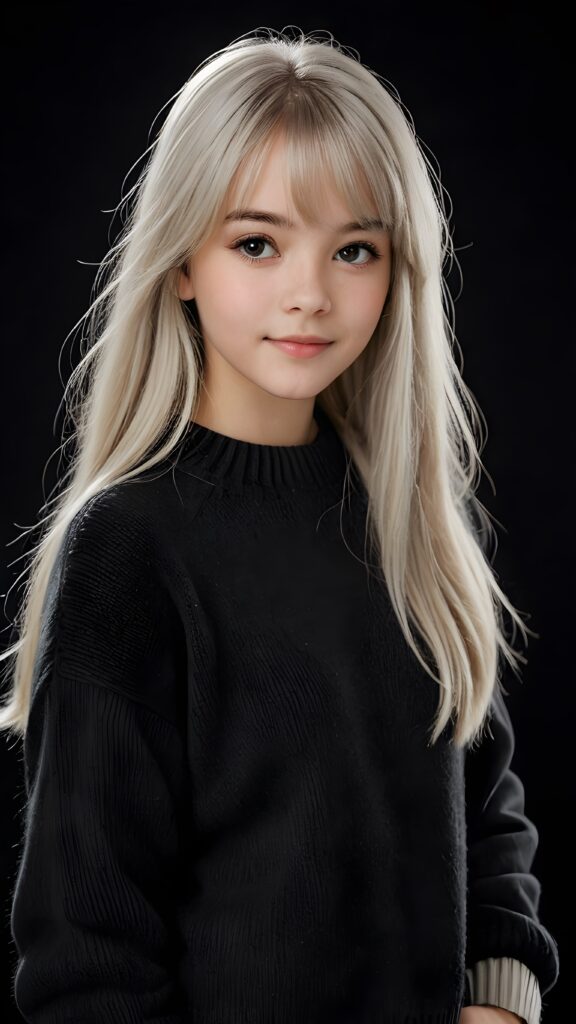 a detailed an realistic photo from a young teen girl, 13 years old, jet white thick straight hair and bangs, grey wool sweater, ((stunning)), ((gorgeous)), ((black background))