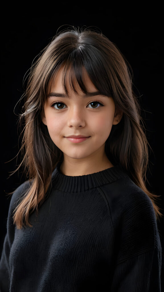 a detailed an realistic photo from a young tanned teen girl, 13 years old, jet black thick straight hair and bangs, black wool sweater, ((stunning)), ((gorgeous)), ((black background))