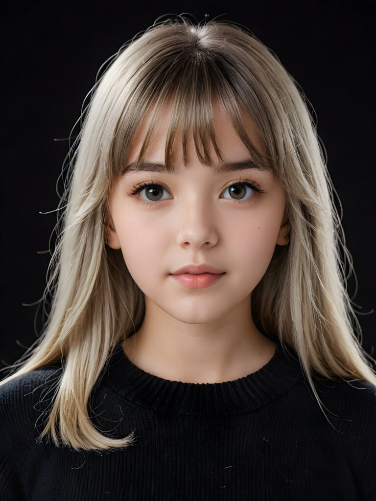 a detailed an realistic photo from a young teen girl, 13 years old, jet white thick straight hair and bangs, grey wool sweater, ((stunning)), ((gorgeous)), ((black background))