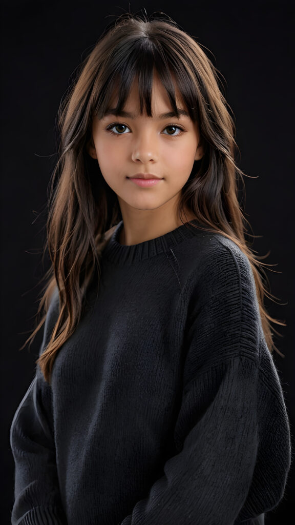 a detailed an realistic photo from a young tanned teen girl, 13 years old, jet raven black thick straight hair and bangs, grey wool sweater, ((stunning)), ((gorgeous)), ((black background))