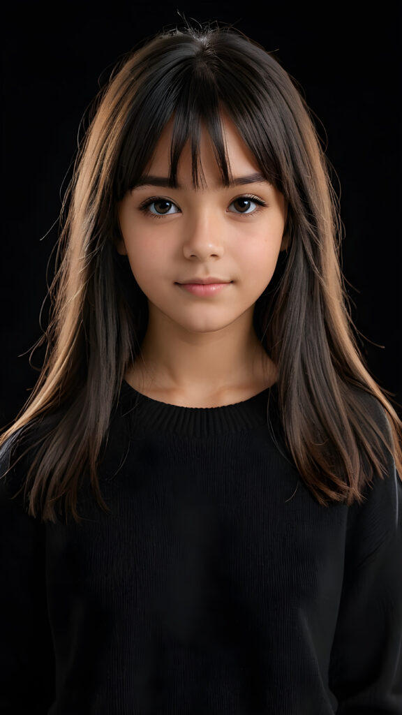 a detailed an realistic photo from a young tanned teen girl, 13 years old, jet black thick straight hair and bangs, black wool sweater, ((stunning)), ((gorgeous)), ((black background))