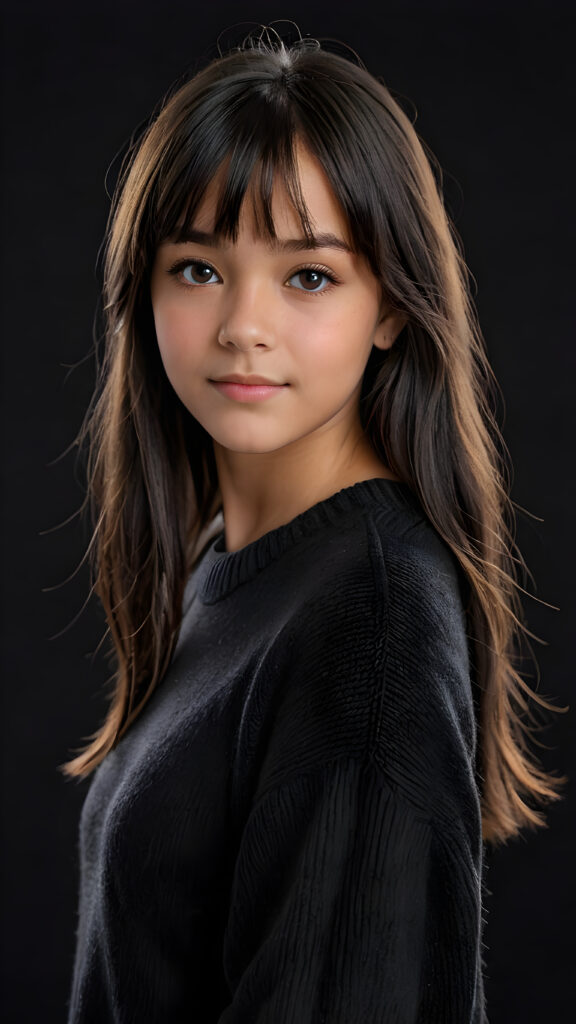 a detailed an realistic photo from a young tanned teen girl, 13 years old, jet raven black thick straight hair and bangs, grey wool sweater, ((stunning)), ((gorgeous)), ((black background))