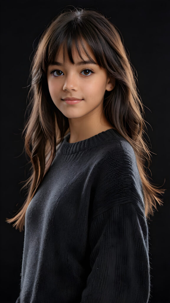 a detailed an realistic photo from a young tanned teen girl, 13 years old, jet raven black thick straight hair and bangs, grey wool sweater, ((stunning)), ((gorgeous)), ((black background))