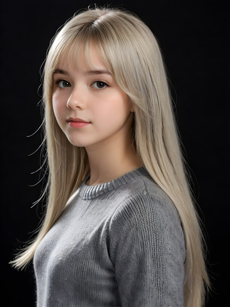 a detailed an realistic photo from a young teen girl, 13 years old, (((jet platinum-white thick straight long hair)) and bangs), ((wears a fine grey wool sweater)), ((stunning)), ((gorgeous)), ((black background)) ((side view))