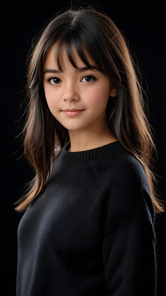 a detailed an realistic photo from a young tanned teen girl, 13 years old, jet black thick straight hair and bangs, black wool sweater, ((stunning)), ((gorgeous)), ((black background))