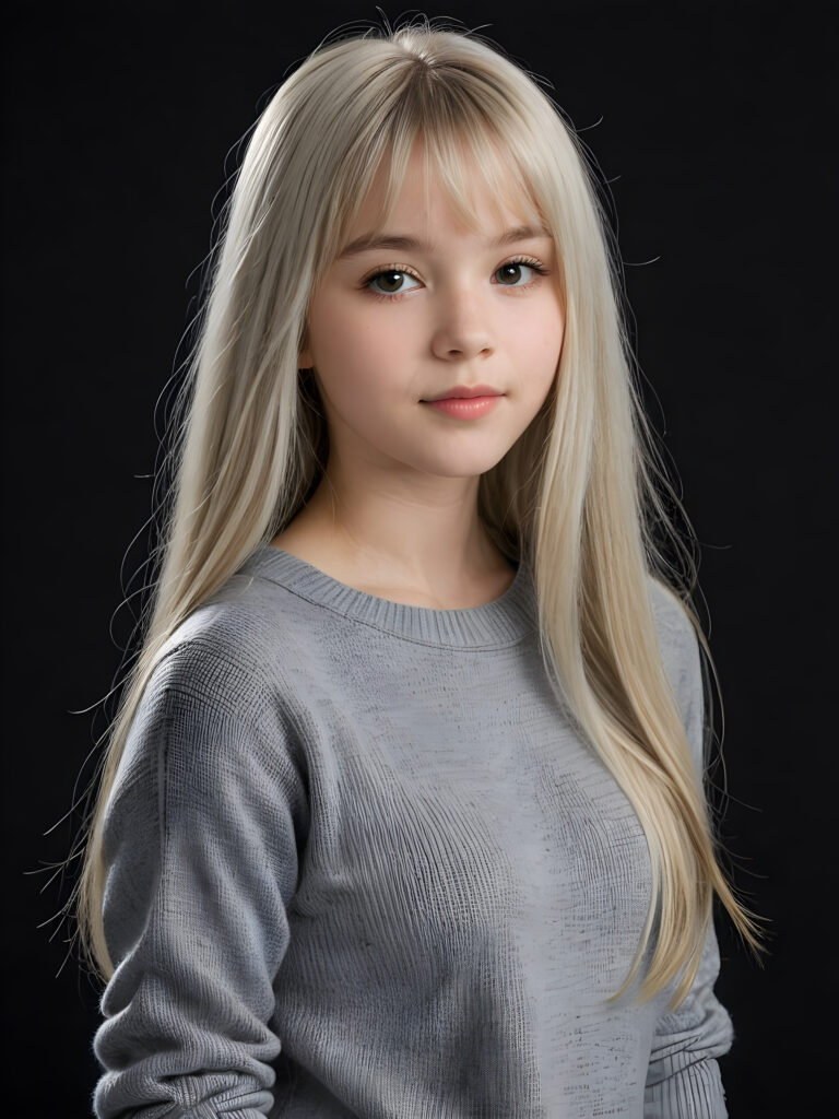 a detailed an realistic photo from a young teen girl, 13 years old, (((jet platinum-white thick straight long hair)) and bangs), ((wears a fine grey wool sweater)), ((stunning)), ((gorgeous)), ((black background)) ((side view))