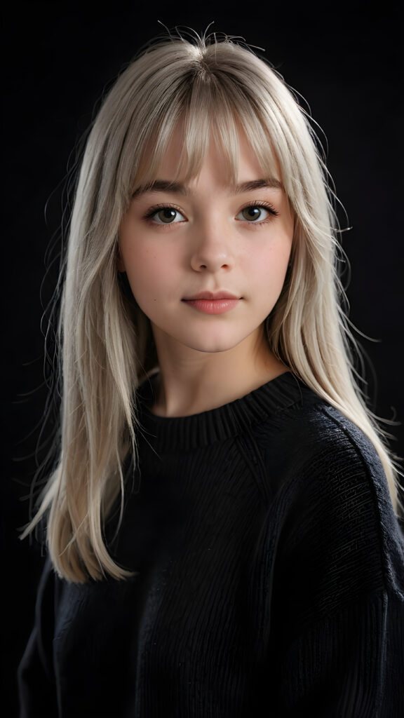 a detailed an realistic photo from a young teen girl, 13 years old, jet white thick straight hair and bangs, grey wool sweater, ((stunning)), ((gorgeous)), ((black background)), perfect light and shadows