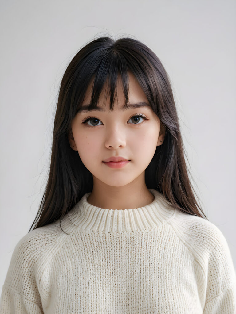 a detailed an realistic photo from a young teen girl, jet black thick straight hair and bangs, white wool sweater, ((white background))