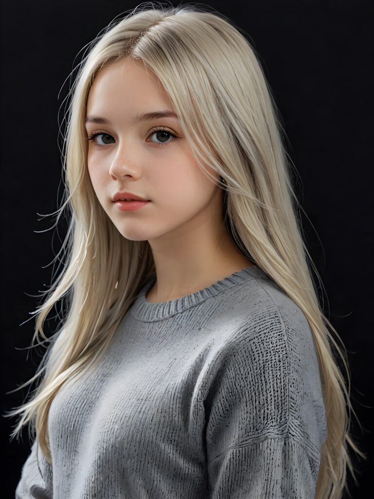 a detailed an realistic photo from a young teen girl, 13 years old, (((jet platinum-white thick straight long hair)) and bangs), ((wears a fine grey wool sweater)), ((stunning)), ((gorgeous)), ((black background)) ((side view))