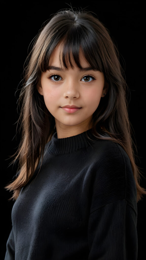 a detailed an realistic photo from a young tanned teen girl, 13 years old, jet black thick straight hair and bangs, black wool sweater, ((stunning)), ((gorgeous)), ((black background))