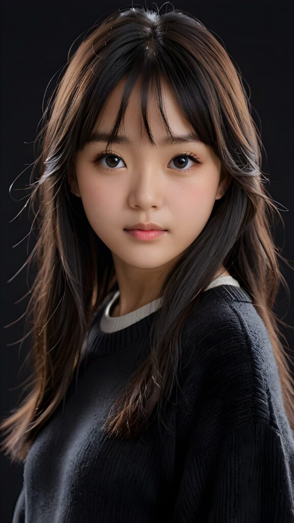 a detailed an realistic photo from a young Korean teen girl, 13 years old, jet raven black thick straight hair and bangs, grey wool sweater, ((stunning)), ((gorgeous)), ((black background))