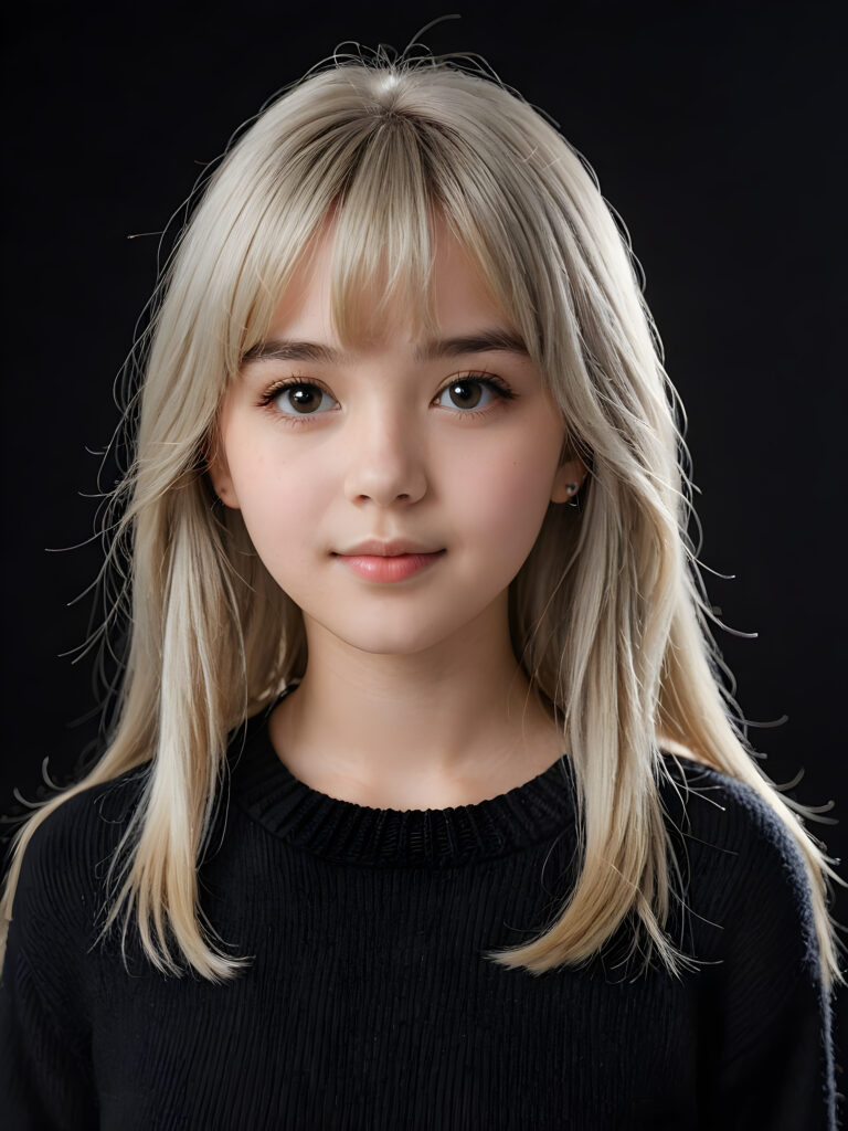 a detailed an realistic photo from a young teen girl, 13 years old, jet white thick straight hair and bangs, grey wool sweater, ((stunning)), ((gorgeous)), ((black background))