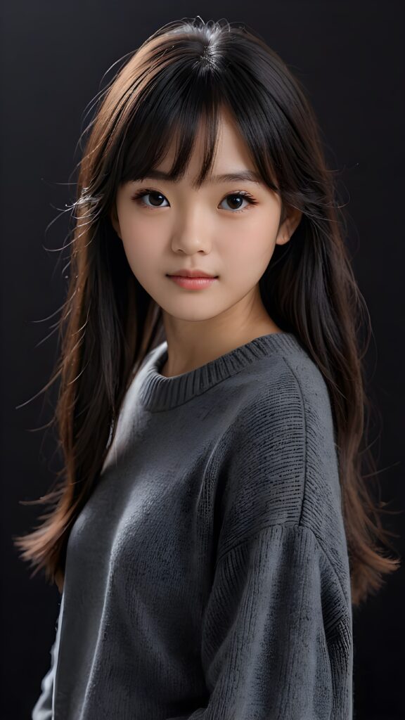 a detailed an realistic photo from a young Korean teen girl, 13 years old, jet raven black thick straight hair and bangs, grey wool sweater, ((stunning)), ((gorgeous)), ((black background))