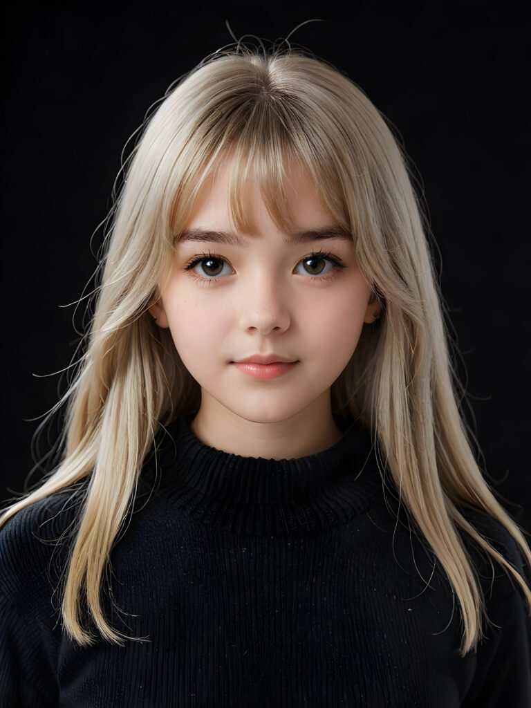 a detailed an realistic photo from a young teen girl, 13 years old, jet white thick straight hair and bangs, grey wool sweater, ((stunning)), ((gorgeous)), ((black background))