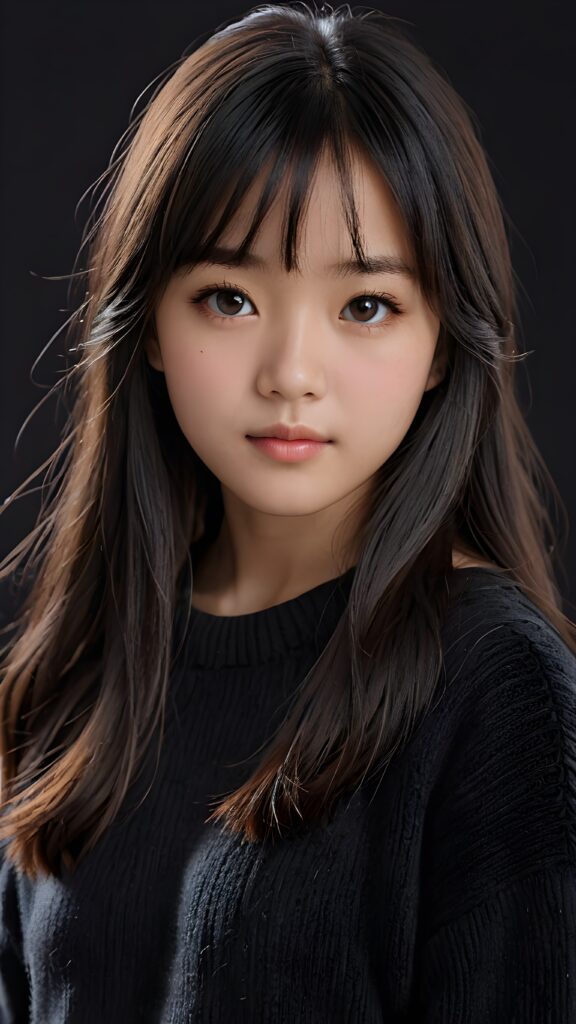 a detailed an realistic photo from a young Korean teen girl, 13 years old, jet raven black thick straight hair and bangs, grey wool sweater, ((stunning)), ((gorgeous)), ((black background))